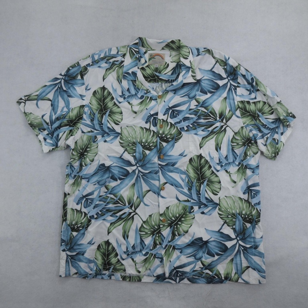 Paradise Found Men's Hawaiian Shirt 2XL Blue Green Leaf Print 100% Rayon Hawaii